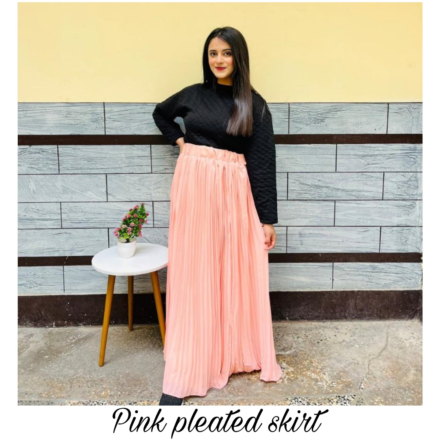 Pink high waist long pleated skirt