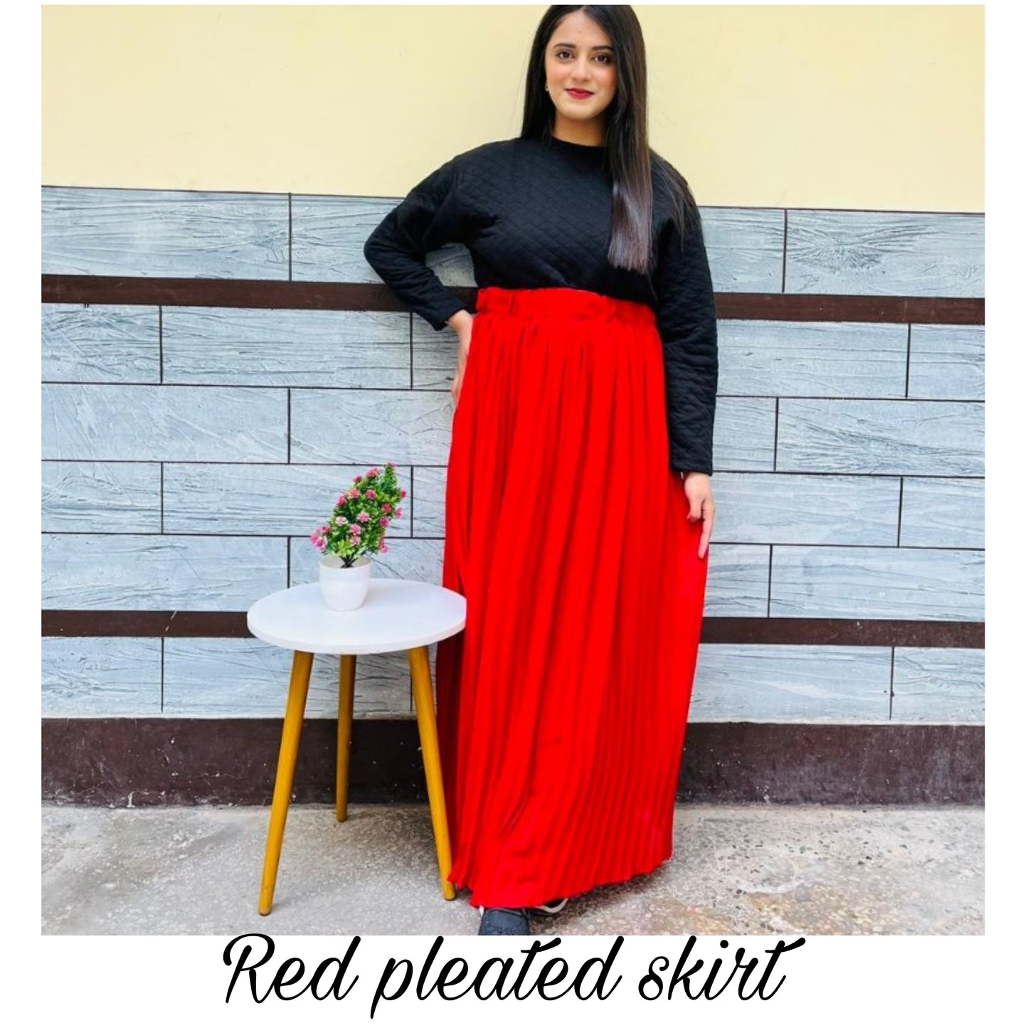 Red high waist long pleated skirt