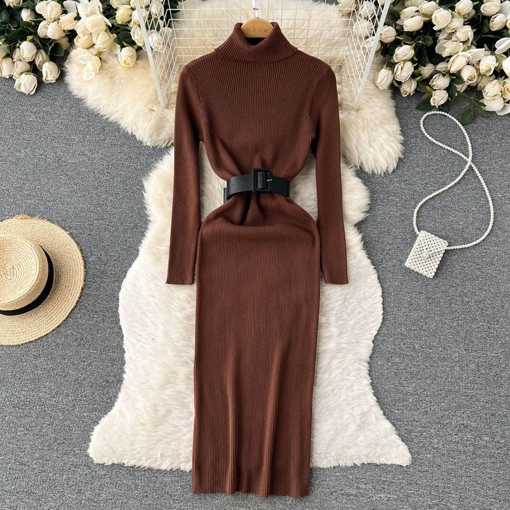 Brown highneck bodycon dress